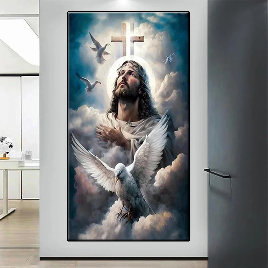 Large Size Diamond Painting Cross Jesus White Dove Cross Stitch Diamond Embroidery Rhinestone Art Painting Decor Home