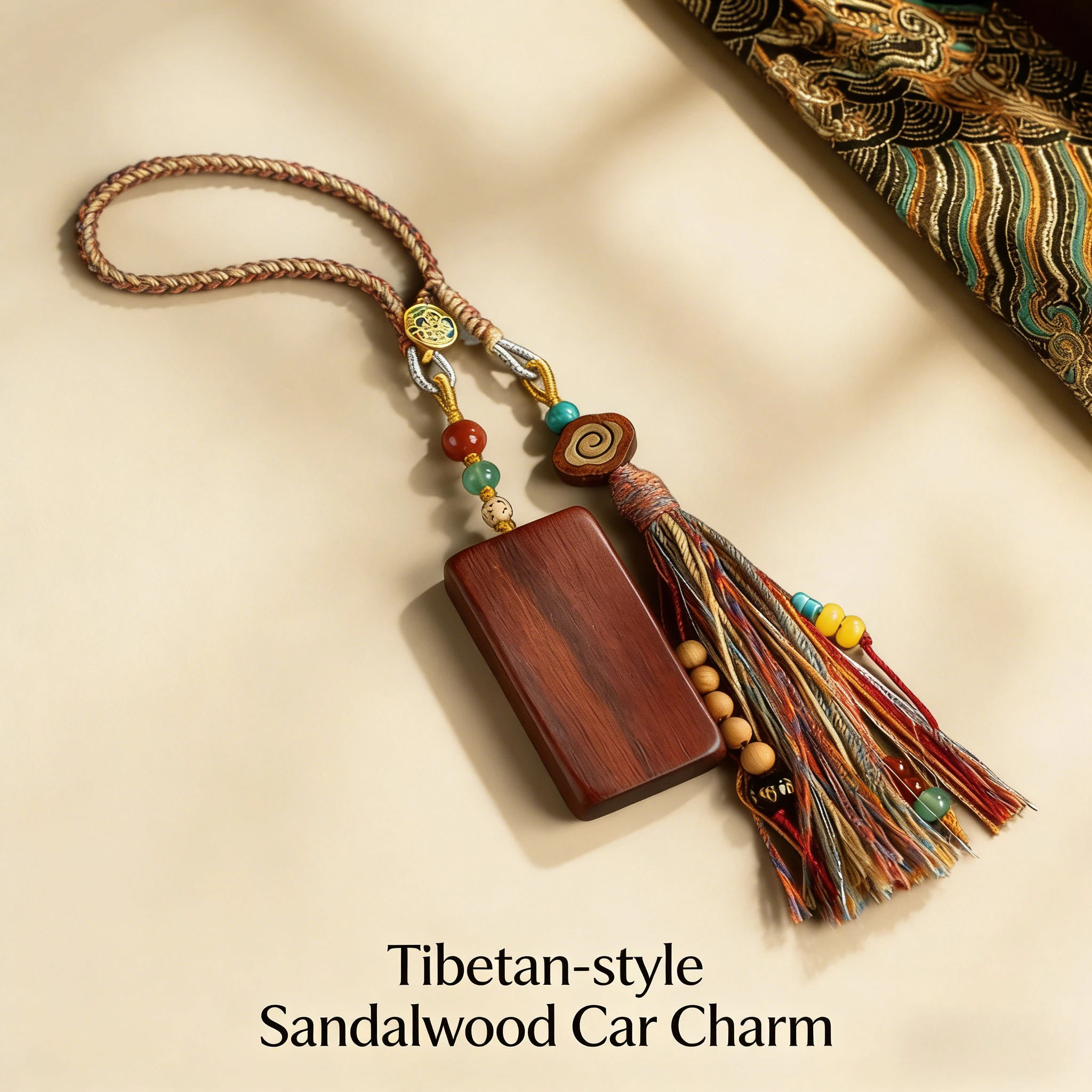 

Tibetan Style Sandalwood Car Hanging Ornament – Handwoven Rope with Colorful Tassels & Beads, Auspicious Car Interior Keychain