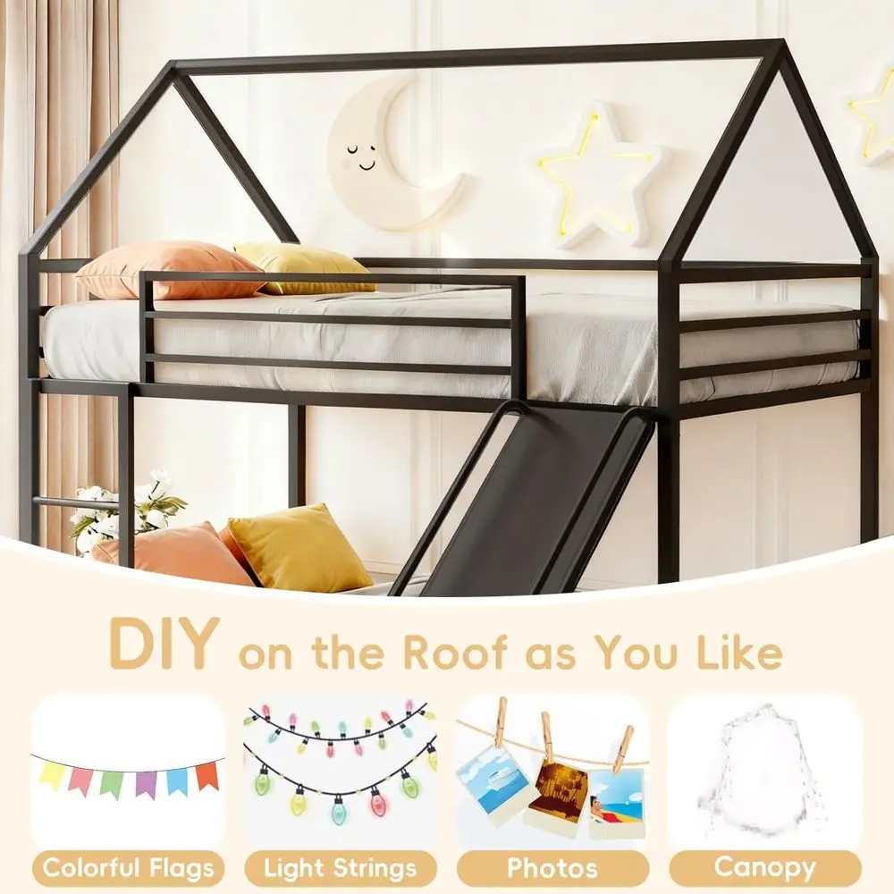 سرير بطابقين للأطفال مع منزلق، تصميم مزدوج للتوأم، سرير علوي معدني صغير، سرير آمن بطابقين للأطفال الصغار مع حاجز حماية، قابل للتحويل #3