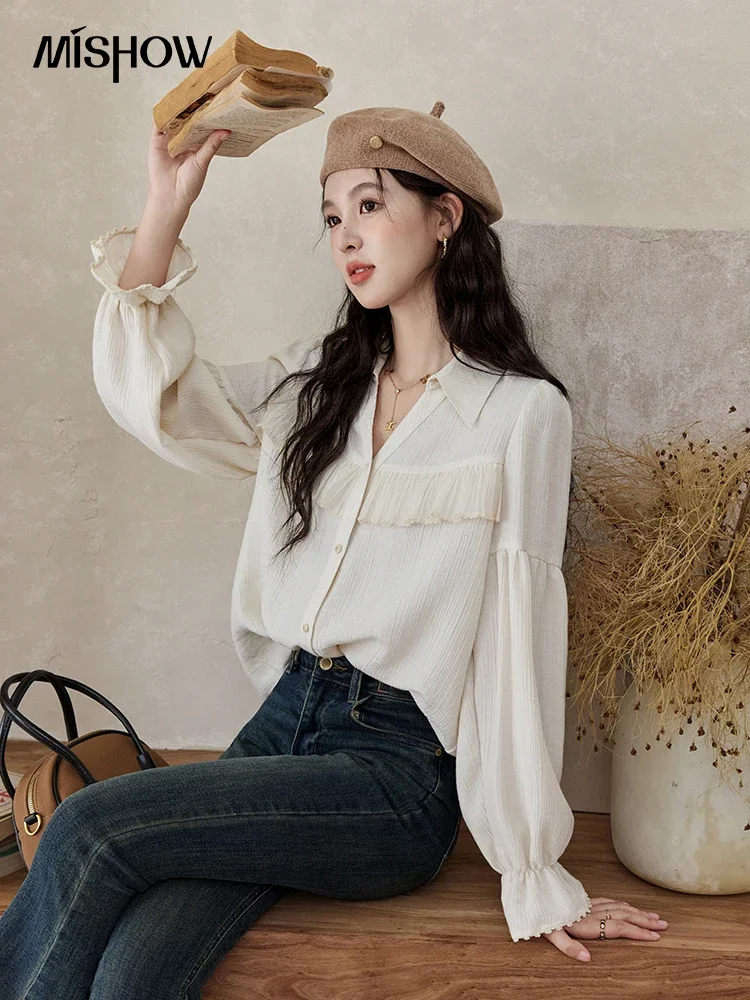 MISHOW Retro Long Sleeve Shirt Women Fashion Lace Ruffed V-neck 2024 Fall Loose Thin Design Temperament Sweet Blouse MXD43C0330