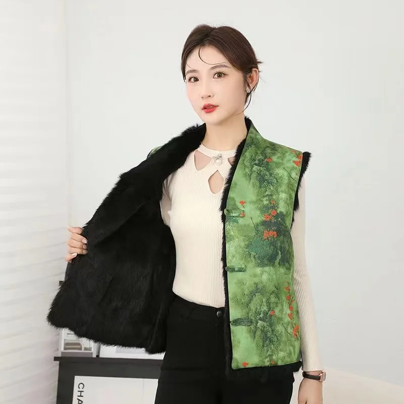 Rompi bulu kelinci gaya China wanita, mantel bulu tanpa lengan satu potong pakaian ganda, jaket luar mode Vintage musim gugur musim dingin