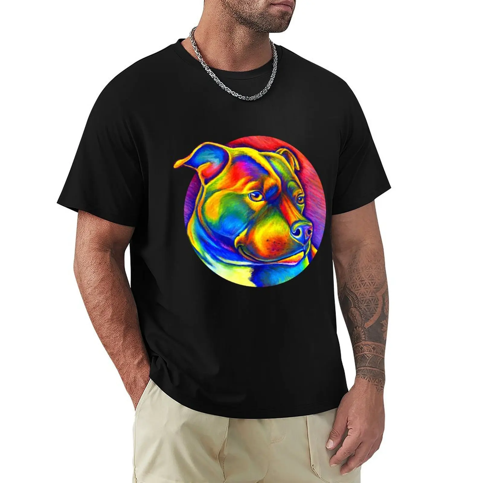 Camiseta psicodélica Rainbow Staffie, ropa estética en blanco, camisas holgadas, camisetas gráficas para hombres grandes y altos