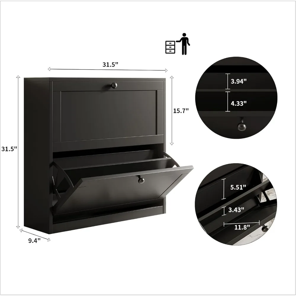 Shoe cabinet with two flip drawers, free-standing shoe cabinet with adjustable shelves and anti-tip device, three-color option