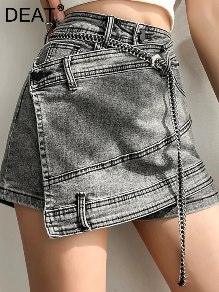 DEAT Fashion Women's Denim Skirt New High Waist Irregular Chain Spliced Gray Above Knee Skirts Female Tide Summer 2024 17A1443