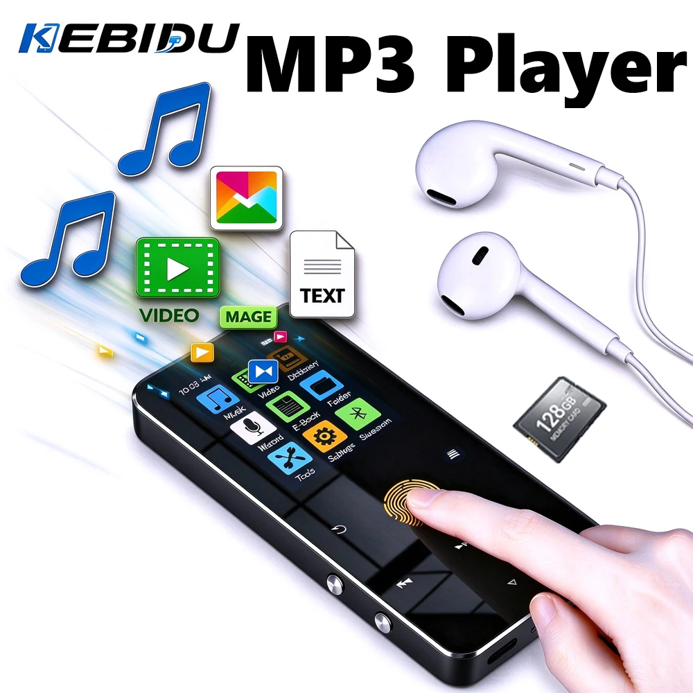 KEBIDU TFT MP3 Player 1.8 In Metal Touch Bluetooth 5.0 Walkman HiFi Sound FM Alarm E-Book Recording MP3 Player Built-in Speaker