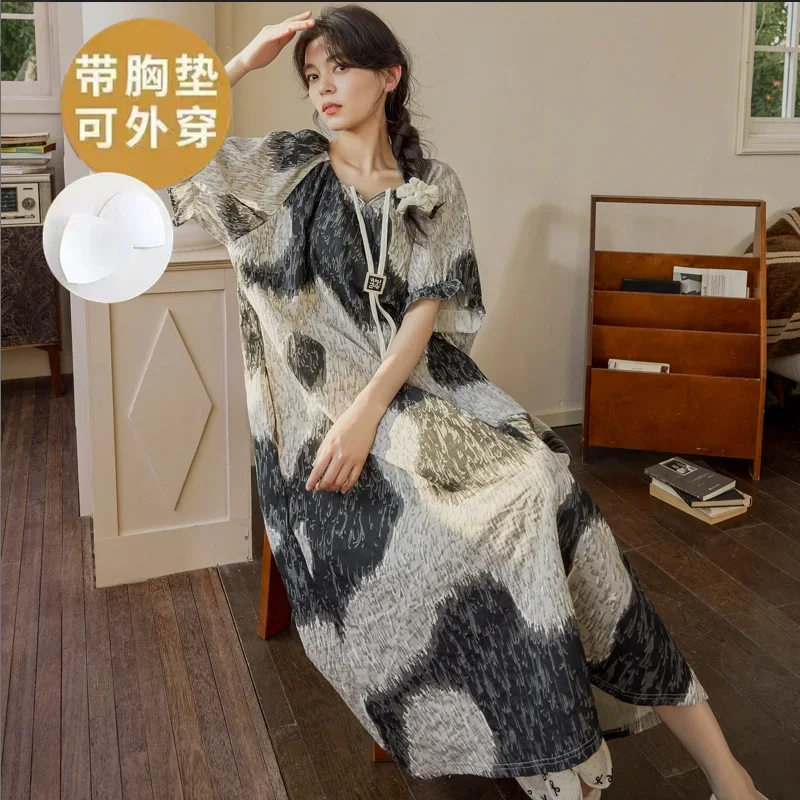 Panda Print Nightdress Casual V Neck Sleep Dress Women's Sleepwear Dresses Summer Short Sleeves Nightgowns Youth Girl Pyjamas