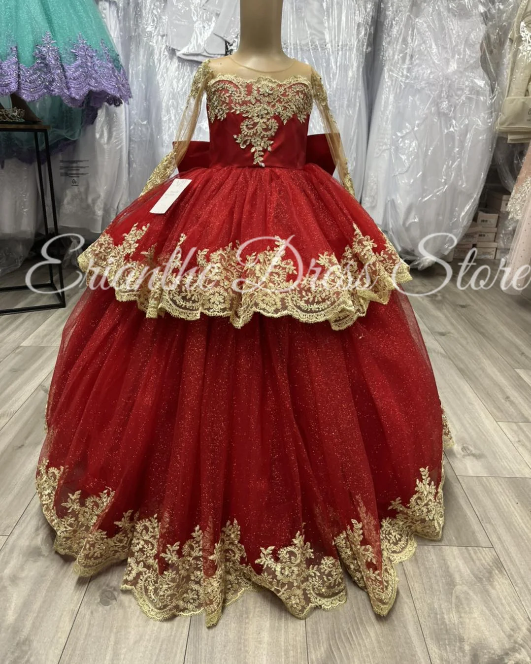 

Red Sparkling Flower Girl Dress For Wedding Tulle Puffy Lace Applique Kids Birthday Party First Communion Ball Gowns Customized