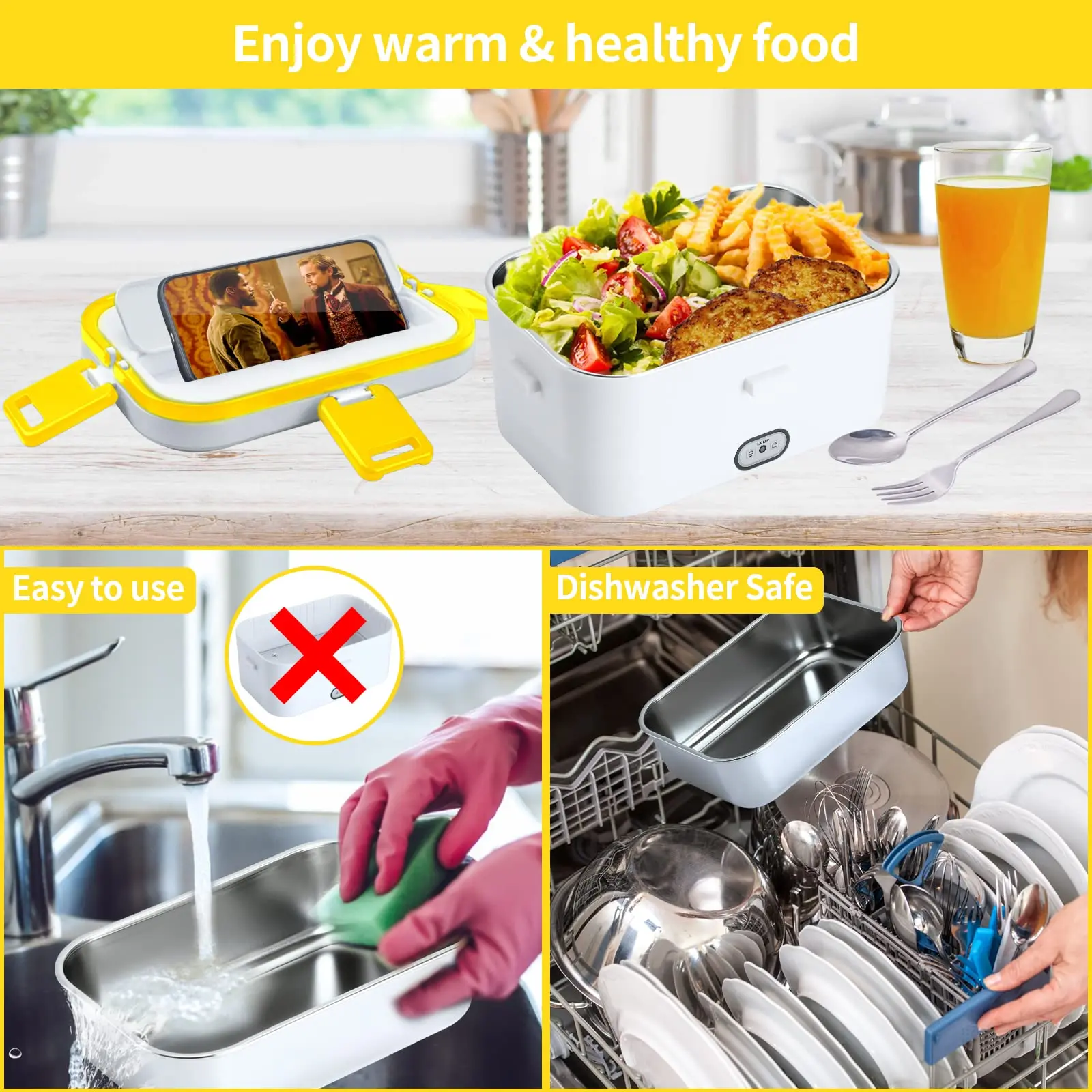 Electric Lunch Box 60W Food Heater 2-in-1 Portable Leakproof Heated Lunch Box for Car/Truck/Office with Insulated Carry Bag