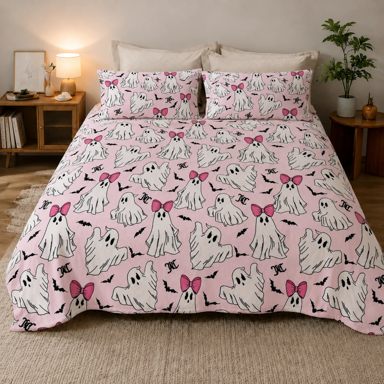 Pink Ghost Halloween Flannel Blanket 3 Piece Set with 2 Pillow Covers, Cute Bow Spooky Throw Blanket for Girls Bedroom Bed Sofa Couch Home Decor, No Pillow Inserts