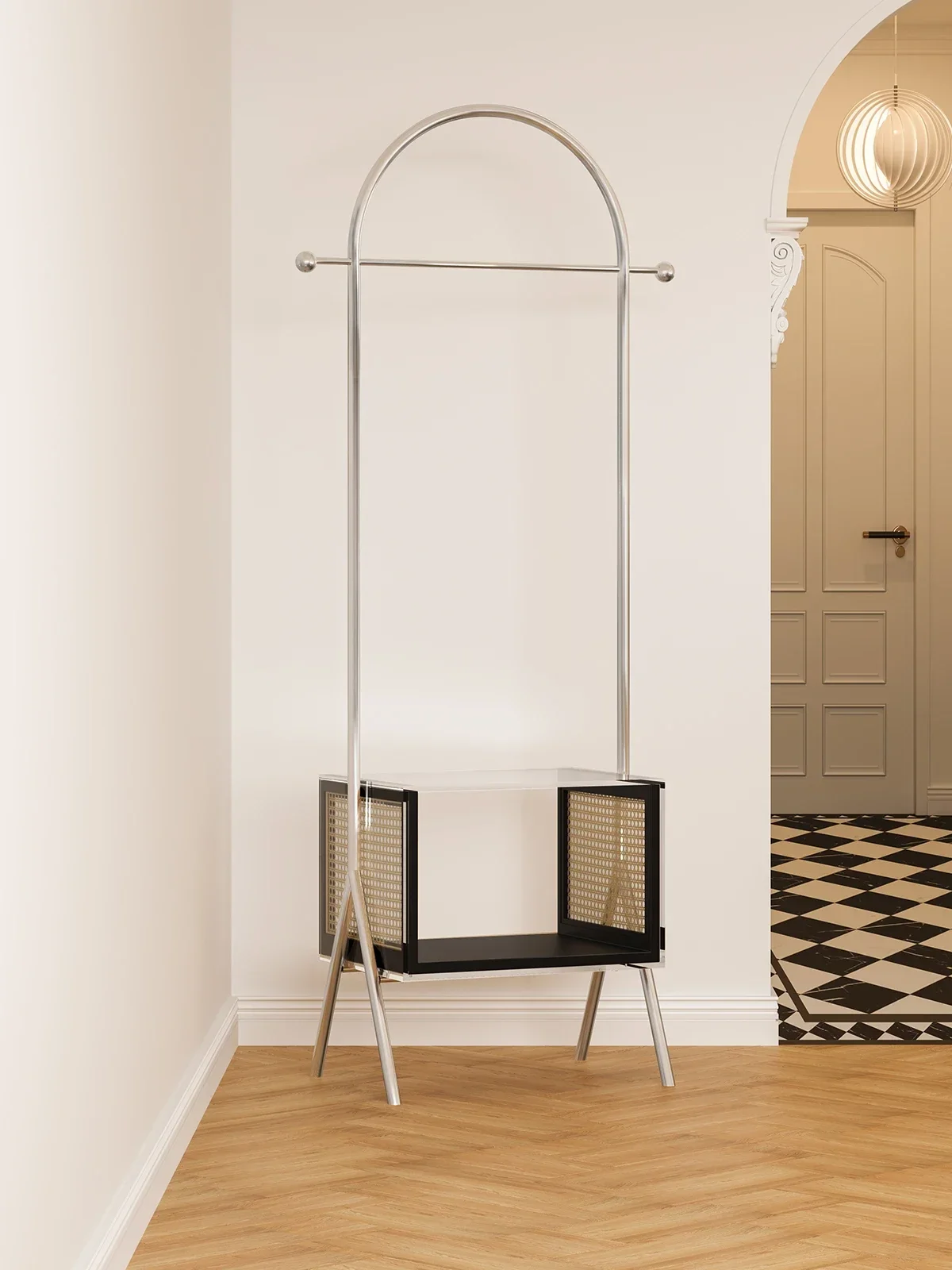 Simple ins style metal coat rack, solid wood storage rattan hanger, simple style Korean small apartment shelf