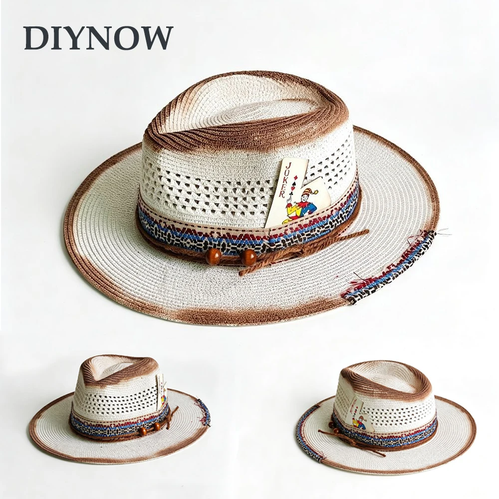 Vintage Distressed Summer Straw Woven Hat for Women Men Panama Hat Wide Brim Summer Beach Sun Hat Playing Card Accessory