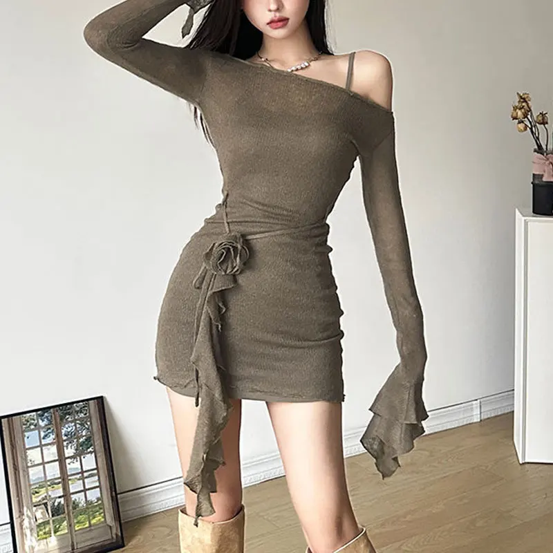 

Hotsweet Slim Bag Hip Dresses Women's Clothing Elegant Skew Collar Spring Autumn Two Piece Set Fashion Floral Waist Mini Dress