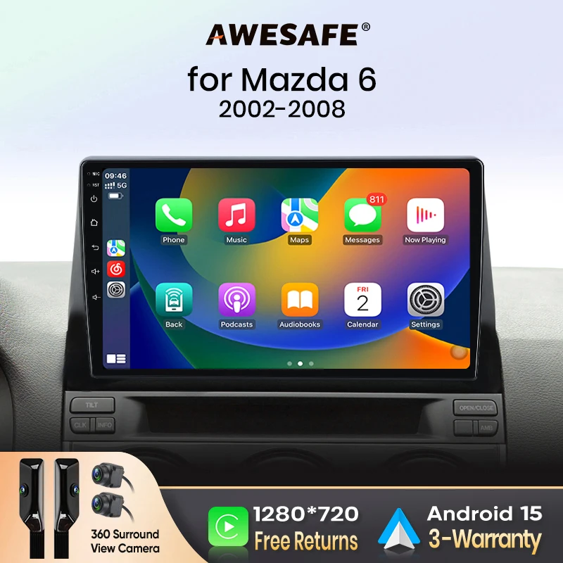 AWESAFE CarPlay sans fil Android Auto pour Mazda 6 2002-2008 Autoradio Lecteur multimédia Stéréo Wi-Fi Navigation GPS 2 Din Autoradio Systèmes intelligents pour voiture 1280*720 IPS Unité principale FM RDS DSP SWC BT Plug and Play ISO