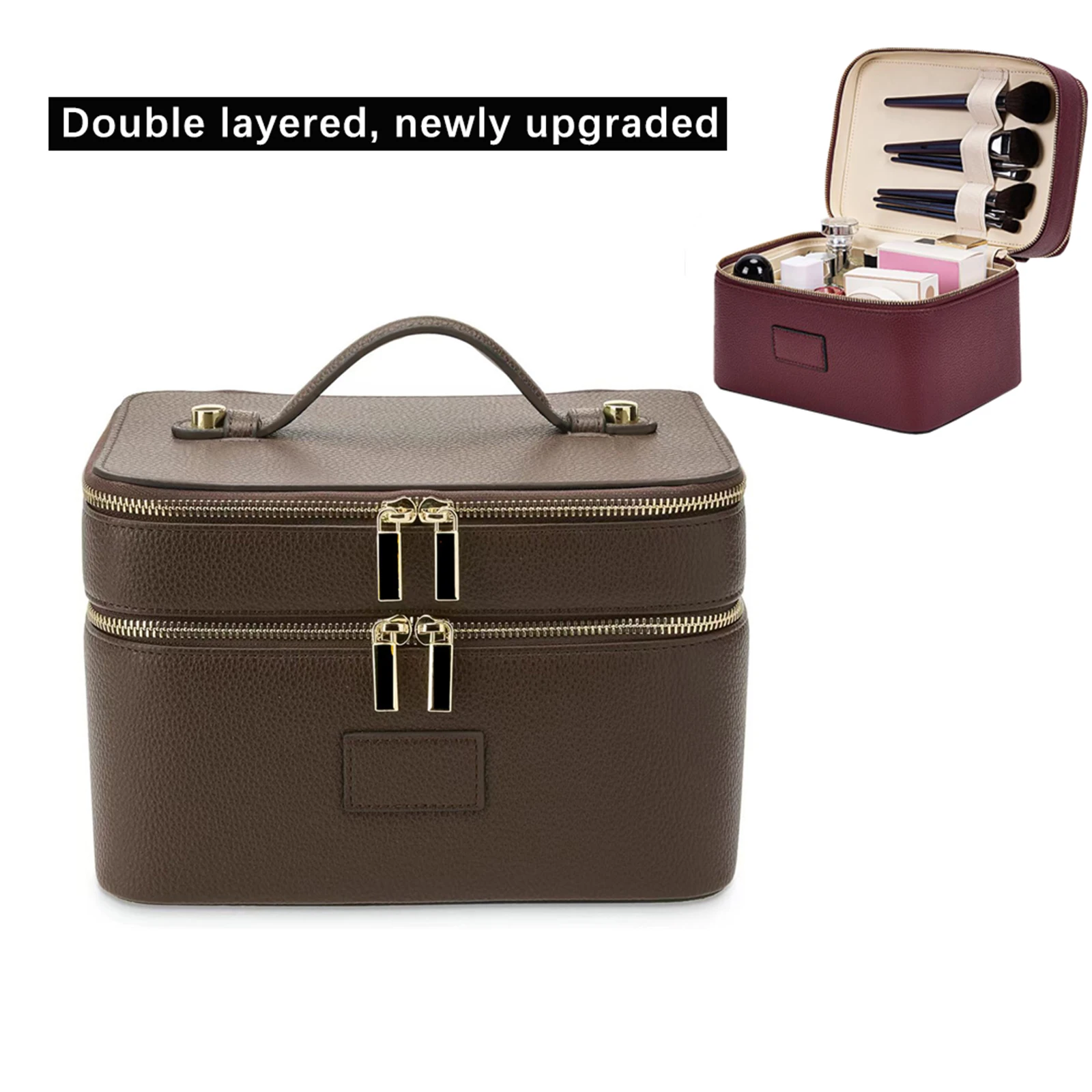 Upgraded Double Layer Makeup Bag Texture PU Handbag Skincare Tool Pouch PU Waterproof Beauty Storage Box Multi Partition