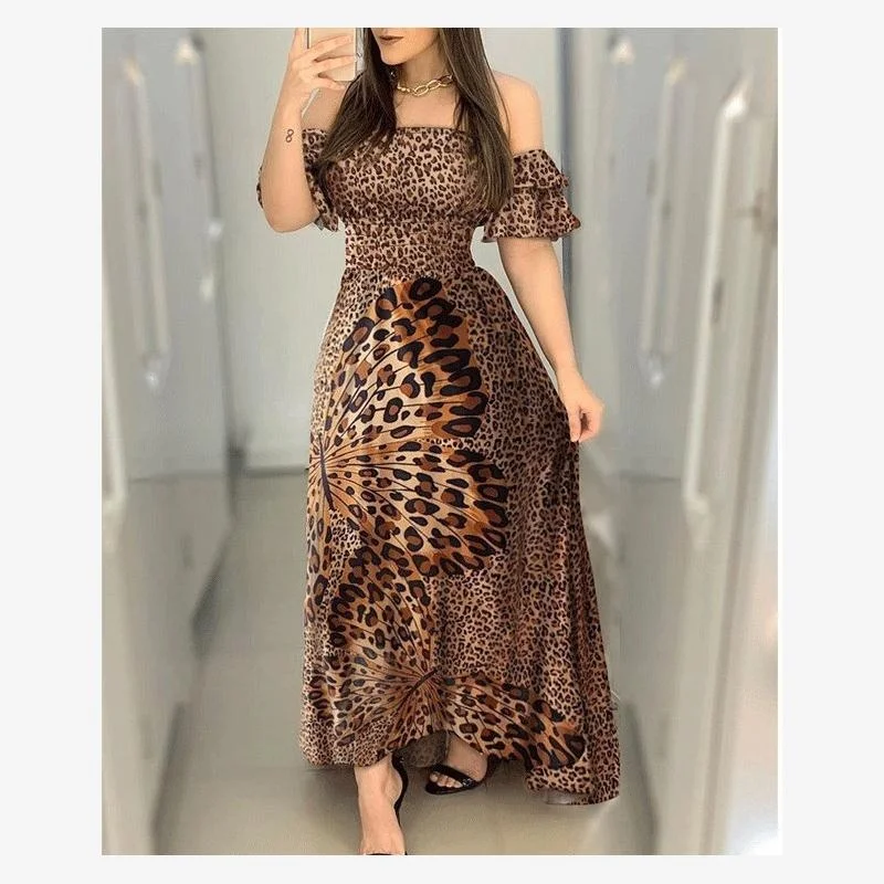 Vestido com Estampa de Borboleta e Leopardo, Um Ombro, Cintura com Cinto, Saia Longa, Vestido de Festa F, Moda Verão 2...