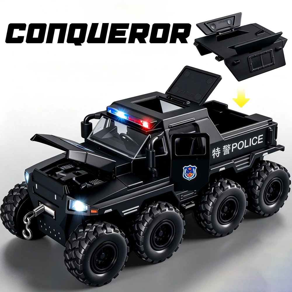 

1:32 Conqueror Police Car Saber-toothed Tiger Armored Vehicle Model Toy Metal Diecast Doors Opened Cars Models Decorative Item