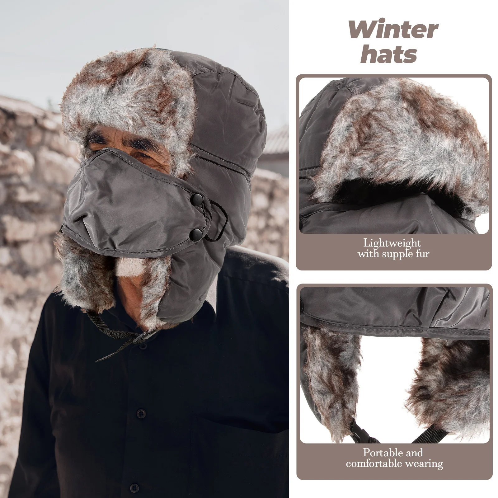 

Men Women Winter Hat Gray Mask Hood Water Resistant Artificial Warm Ears Neck