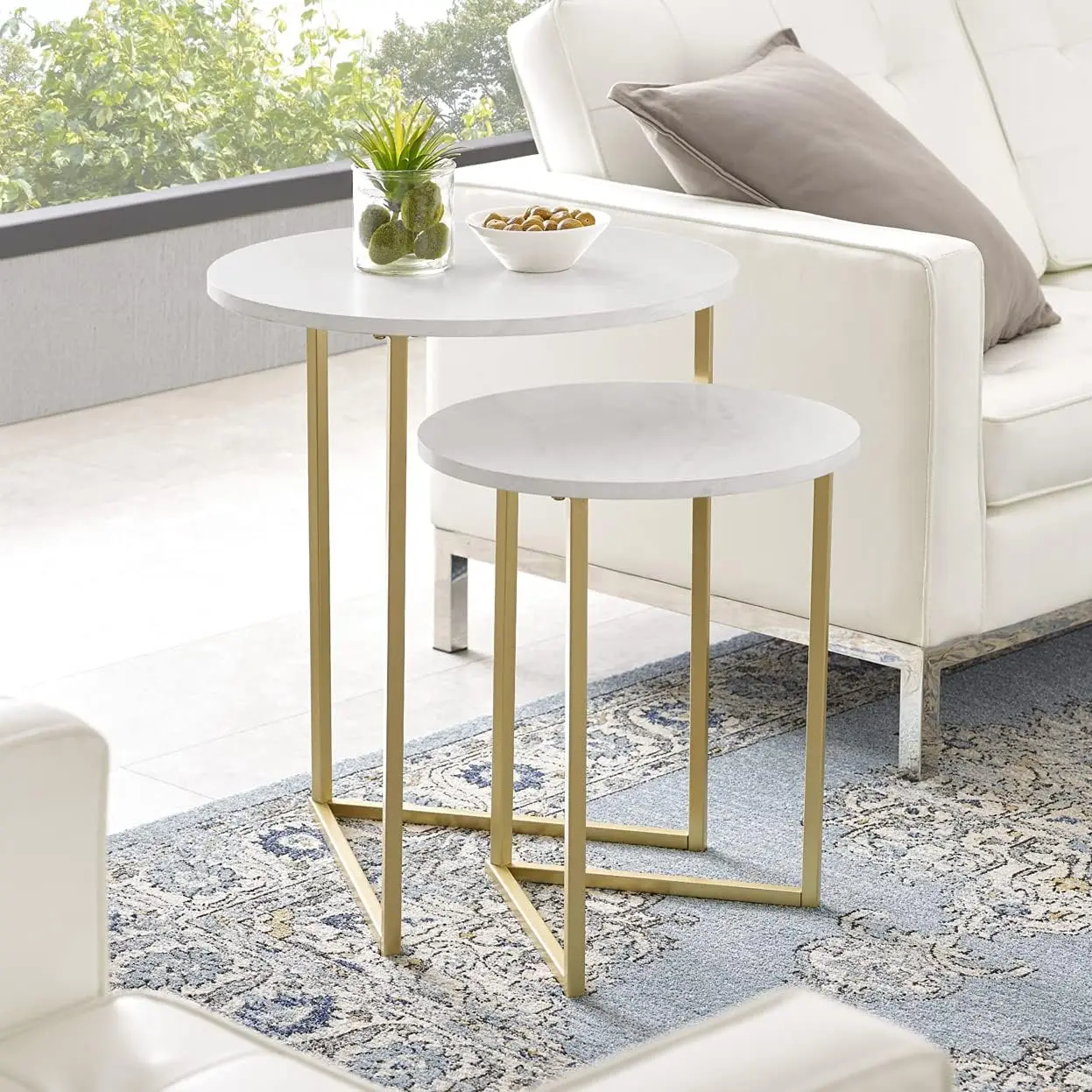 

Modern Round Metal Base Nesting Set Side Accent Table Living Room Storage Small End Table, Set of 2, Marble and Gold