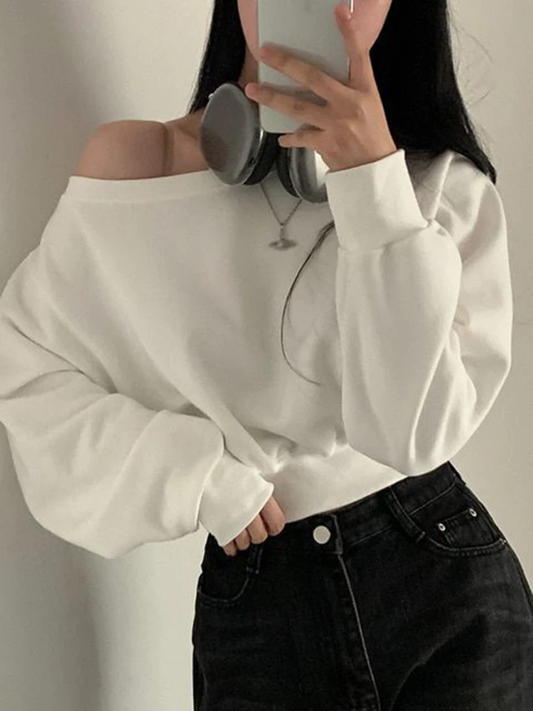 

Женская толстовка с колючками на плечах в корейском стиле, толстовка с длинными рукавами, повседневная однотонная модная универсальная шикарная толстовка