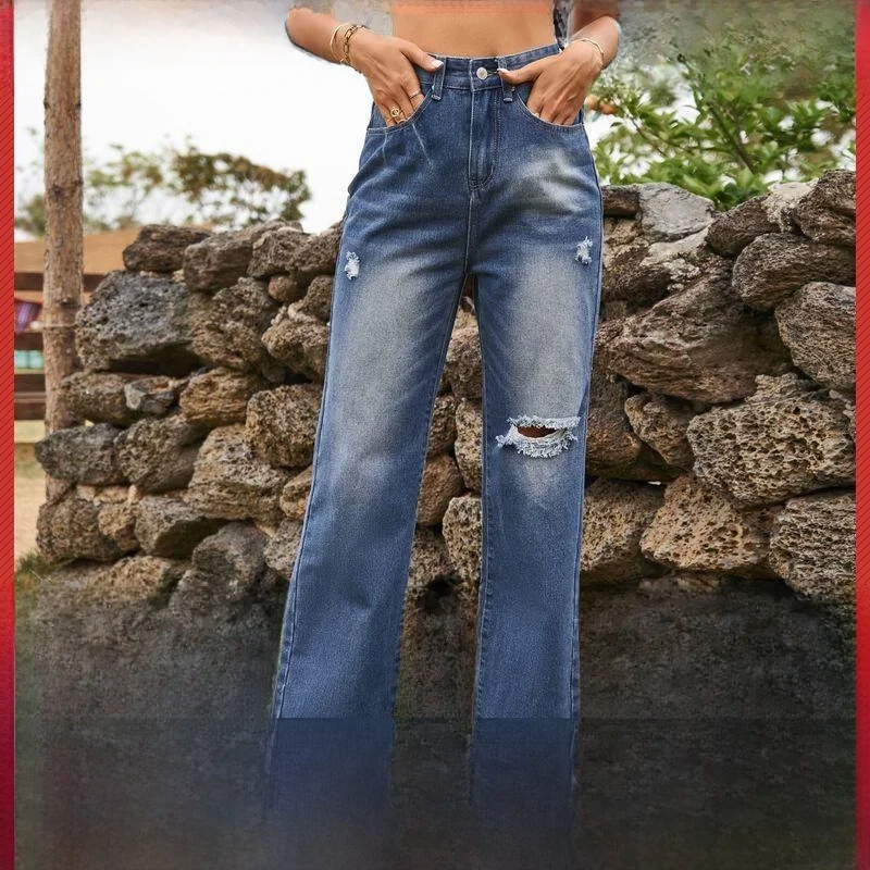 

Утягивающие широкие джинсы с высокой талией, повседневные рваные джинсовые брюки, женские модные длинные брюки, уличные хлопковые прямые брюки