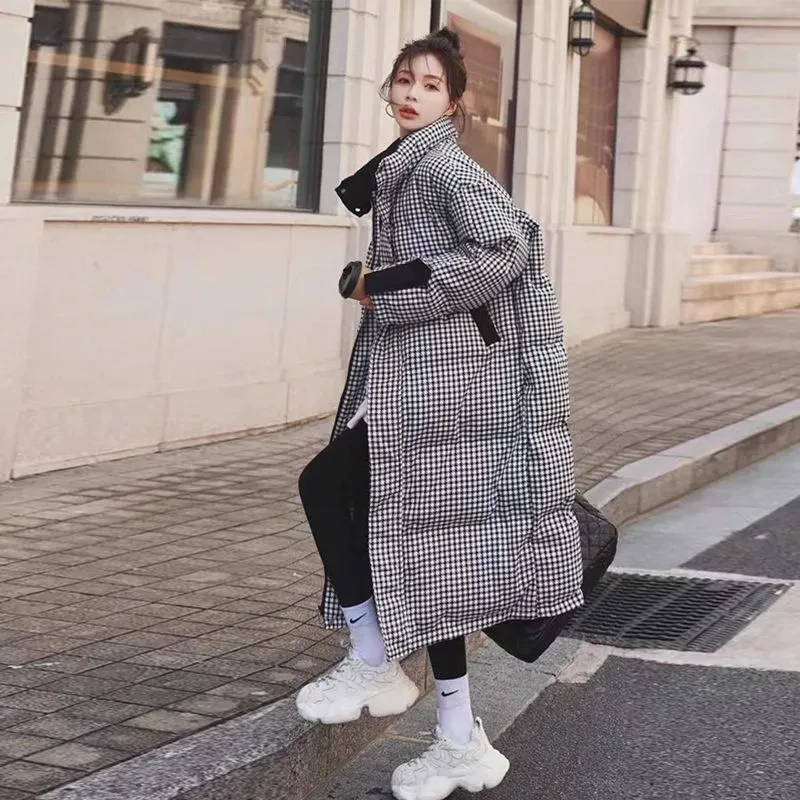 Women Thicken Parka Plaid Down Cotton Stand Collar Jacket Winter New Korean Loose Long Coats Female Warm Padded Parkas Overcoat