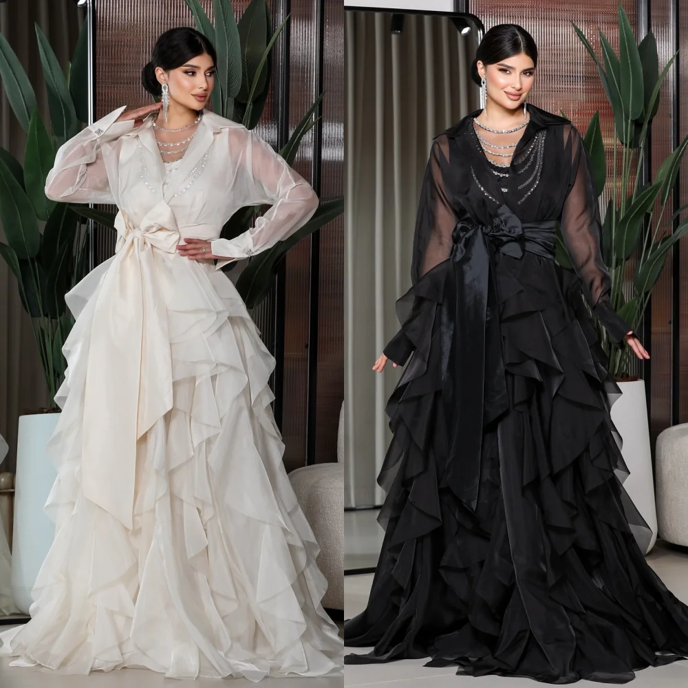 Customized Intricate Fashion Organza Pleat Ruched Draped Sash Bow A-line V-neck Long Dresses Bespoke Occasion Dresses Formal