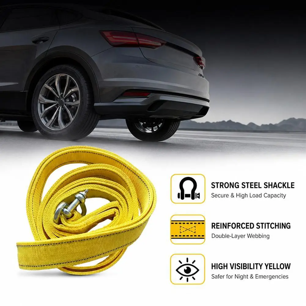 3M Heavy Duty Car Tow Strap With 2 Steel D Shackles Thickened Emergency Vehicle Recovery Towing Rope For Truck Breakdown Rescue