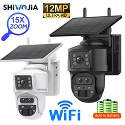 SHIWOJIA 6K 12MP Solar Camera 4G SIM Three Lens WIFI Solar Battery Security Camera Recording Humanoid Tracking Night Vision CCTV