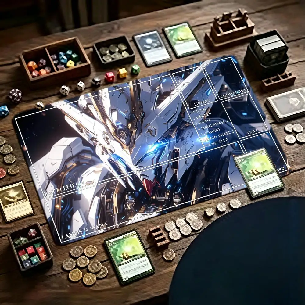 Futuristic White Gold Mecha Warrior TCG Playmat 35X60CM Three Templates Available MTG Duel Mat Non-Slip Stitched Edge Table Pad