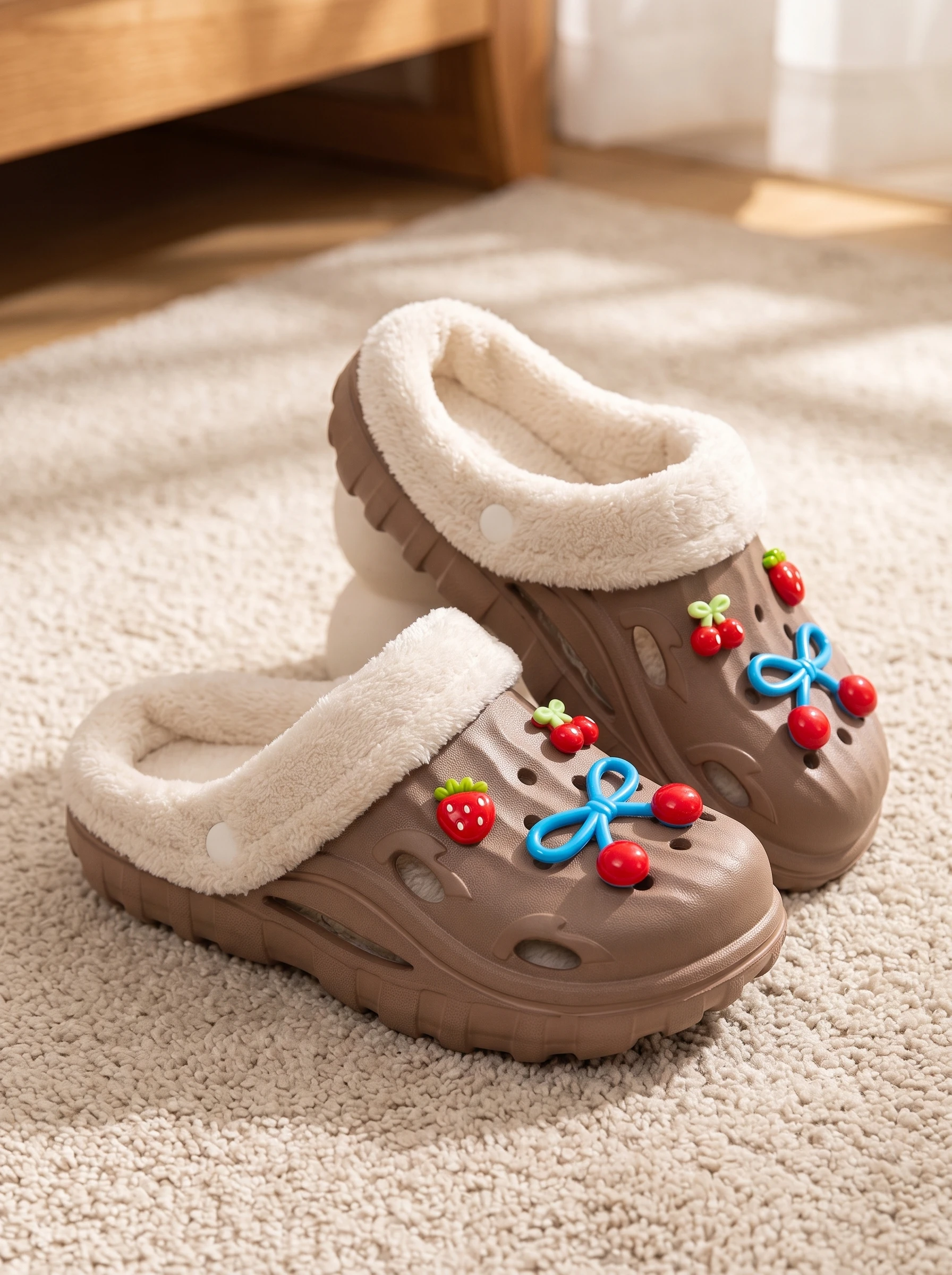 Girls' Winter Fleece-Lined Clog Slippers with Cute Cherry, Strawberry, and Bow Accessories, Thick-Soled Non-Slip EVA Plush Warm Indoor Cotton Slippers for Toddlers