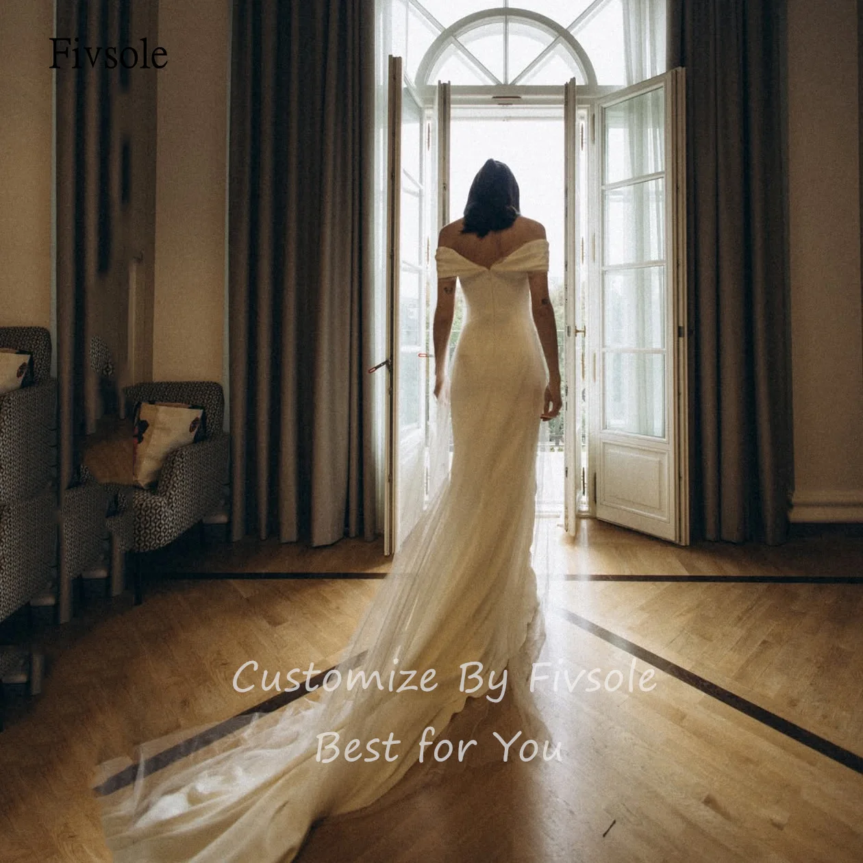 Gaun Pengantin Fivsole Elegan Model Off Shoulder Mermaid Tanpa Punggung dengan Mesh, Ekor Panjang, Gaun Pengantin Panjang Menyentuh Lantai, Dapat Dipesan Sesuai Ukuran