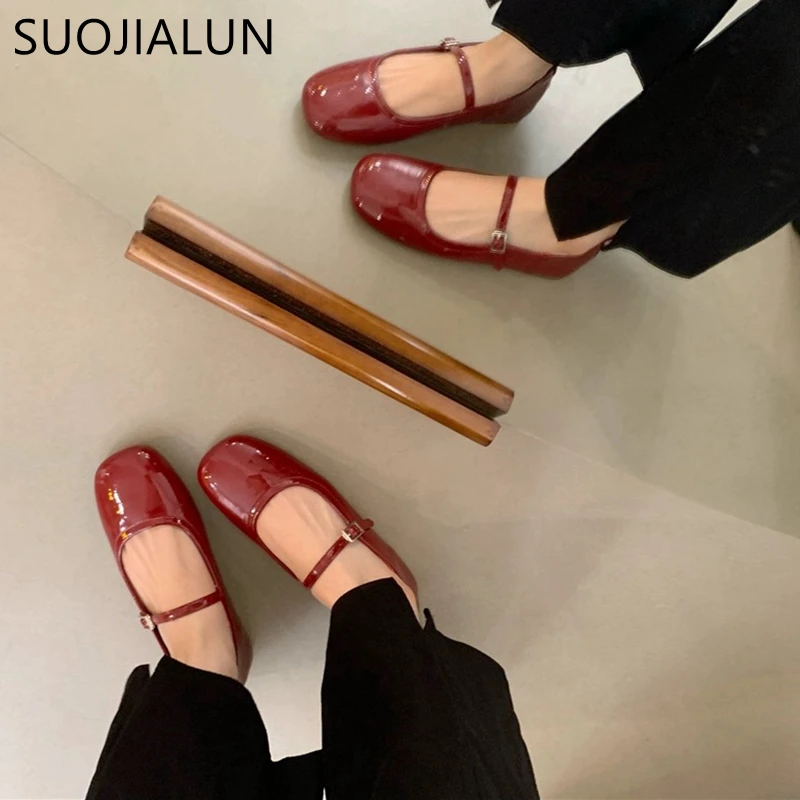 SUOJIALUN 2024 Spring New Women Flat Shoes Fashion Red Ladies Casual Dress Mary Jane Shoes Soft Sole Round Toe Outdoor Ballerina