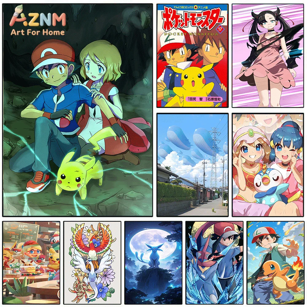 Póster de Lona de Anime Pokémon AZNM, Ash, Serena, Pikachu, Ho-oh, Suicune, Greninja, Charmander, Impresión Clásica de Pocket Monster, Sin Marco