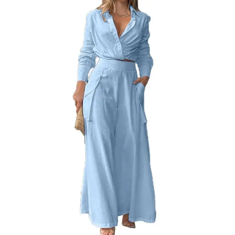 2 Pieces Women Stes 2024 Solid Color Temperament Loose Pocket top+wide Leg Pant Fashion Leisure Suit women's Clothing GHH8777