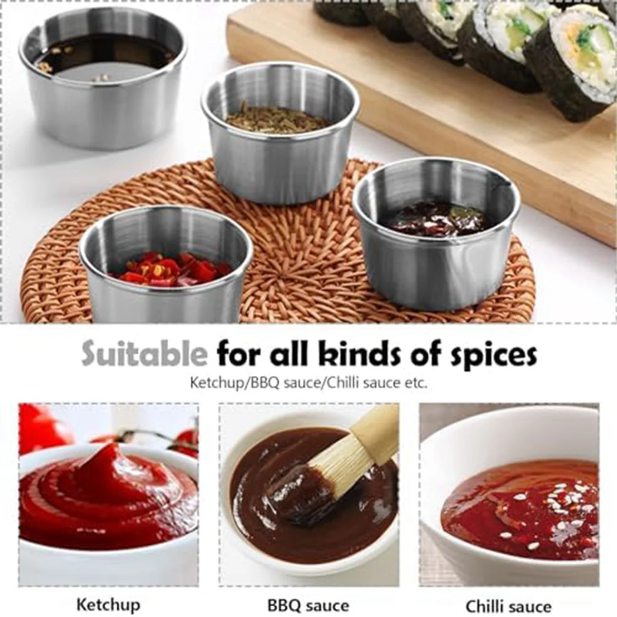 6Pcs 2 Oz Stainless Steel Dipping Sauce Cup, Mini Dip Bowls, Reusable Metal Condiment Cups Ramekins Containers (Silver)