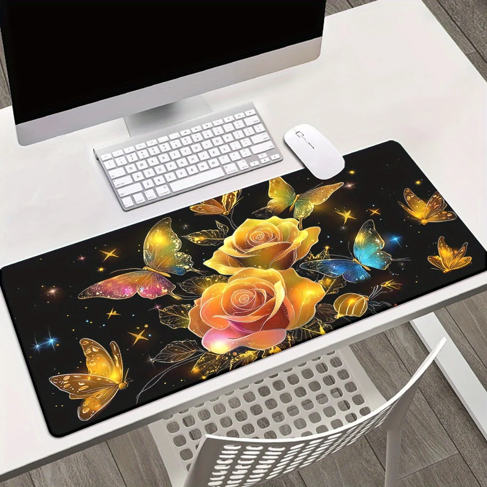 

Golden Rose Butterfly Extended Mouse Pad Rubber Non-Slip Desk Mat for Gaming Office Keyboard