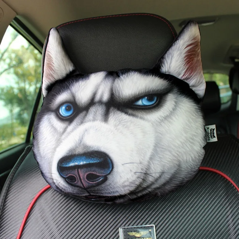 3D kreskówka spersonalizowana kreatywność kot i pies głowa pies rasy Husky psa z samochodami i zwierzętami zagłówek poduszka podróżna pod szyję — zdjęcie 3