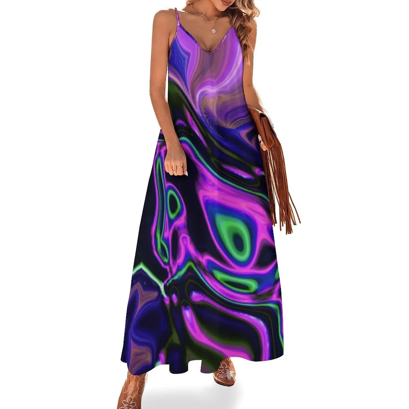 Vestido feminino de manga comprida verde neon e roxo, rodadas a laser abstratas, sem mangas, moderno, feminino