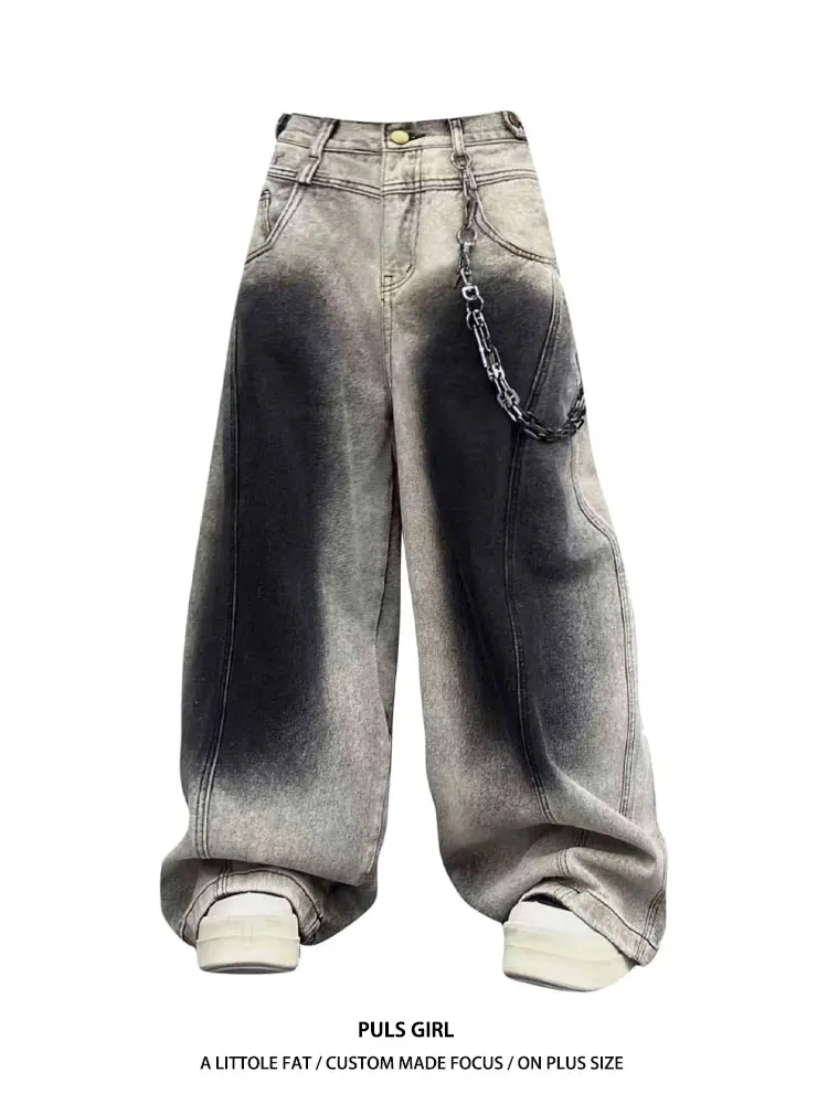 

Womens Loose Fit High Waist Curved Knife Jeans American Street Style Washed Gradient Large Size Casual Long Pants