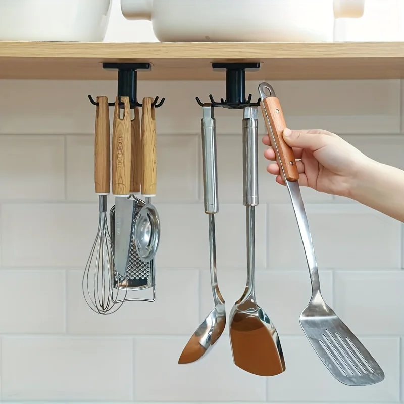 Cuchara giratoria montada en la pared no perforada para cocina, espátula, gancho para utensilios de cocina de 6 garras, estante de almacenamiento para gabinete, 1 ud.