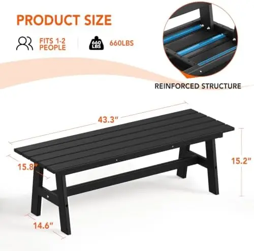 HDPE Outdoor Bench, 2 Person Aesthetic Backless Garden Bench, Entryway Bench - Easy Assembly & All Weather, for Porch