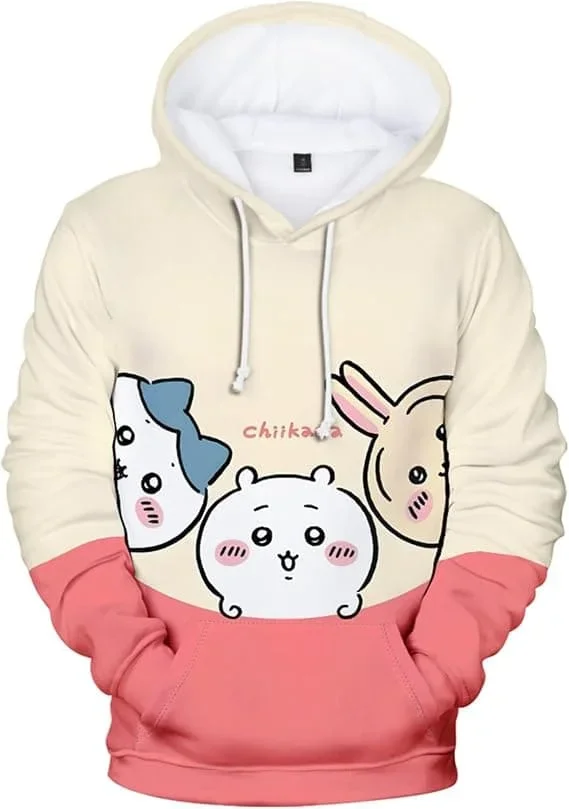 2027 Niedlicher Chiikawa Usagi Hamburger-Print Hoodie Anime Cartoon 3D Pullover Sweatshirt Langarm Freizeit Kapuzenpullover Familien-Set – Detail 10