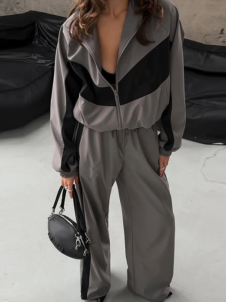 Getäfeltes, langärmliges, übergroßes Oberteil, Hosen-Sets für Damen, Streetwear, Laternenärmel, Reißverschluss, lockerer Mantel, Hose mit weitem Bein, modische Sportbekleidung – Detail 36