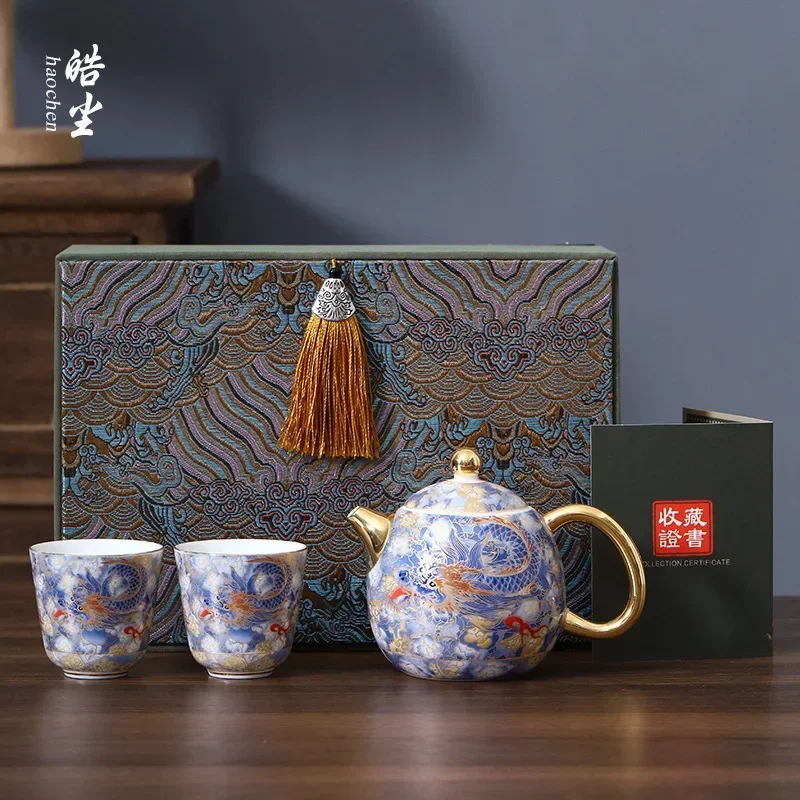 Colorful Handmade Flower Teaware Gift Gilt One Pot Two Cups Mutton Fat Jade Tea Set Small Luxury Teapot Teacup Ceramic Gift Box