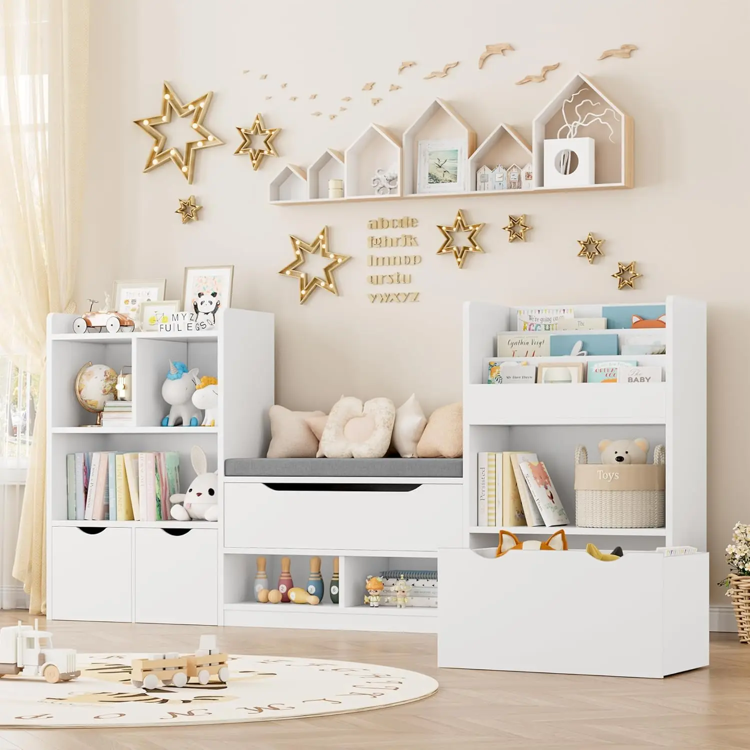 Fotosok 72” Kids Bookshelf With Reading Nook, Super Large Toy Storage Organizer With Seat Cushion And 3 Movable Drawers, Kids