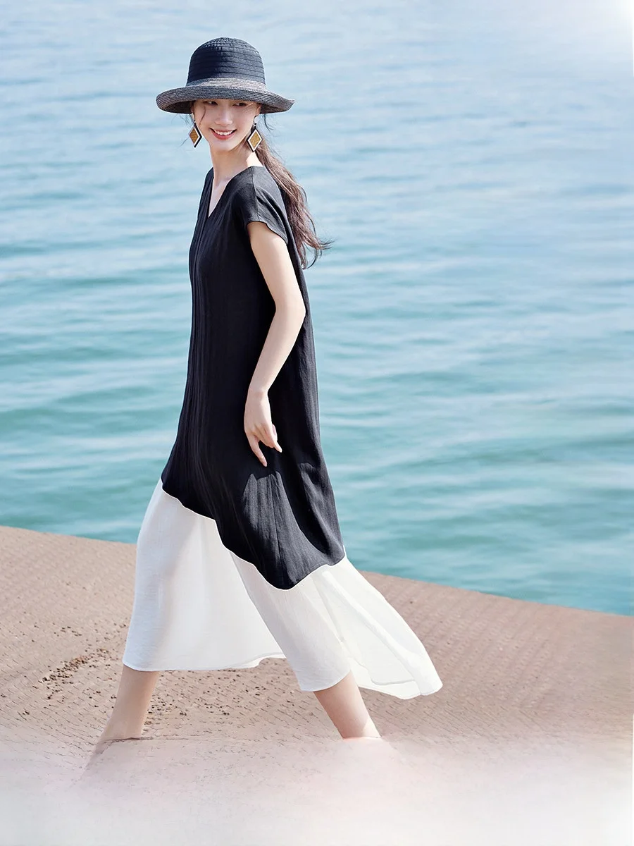 

XWI Summer V-neck Ruched Slimming Asymmetrical Linen Blend Dress Color Block Women's Fashion Commute Style Short Sleeve Dress