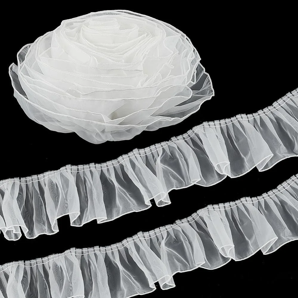 5 Yards Pleated Tulle Lace Trim 4 inch Wide White Pleated Lace Ribbon Polyester Lace Trim Decorative Lave Ribbon for Sewing