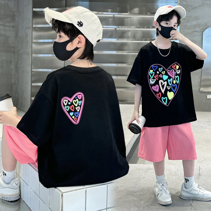 Summer Boys Suit Heart-Shaped Children Clothes Set for Kids Teenagers Casual Cotton T-shirt And Shorts 2 Pieces Tracksuit Child