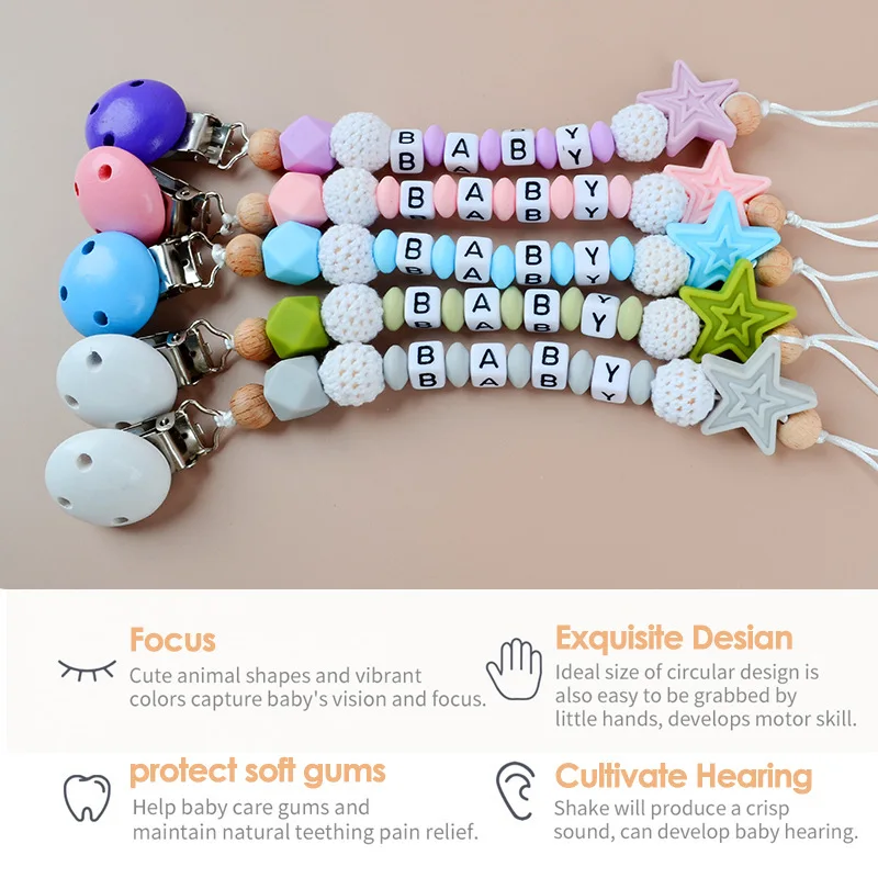 Attache-tétine en silicone avec étoiles de dessin animé pour bébé, jouets de dentition pour nouveau-né, support d'alimentation, nom personnalisé, DUNIcontinents, JOréinitialisation