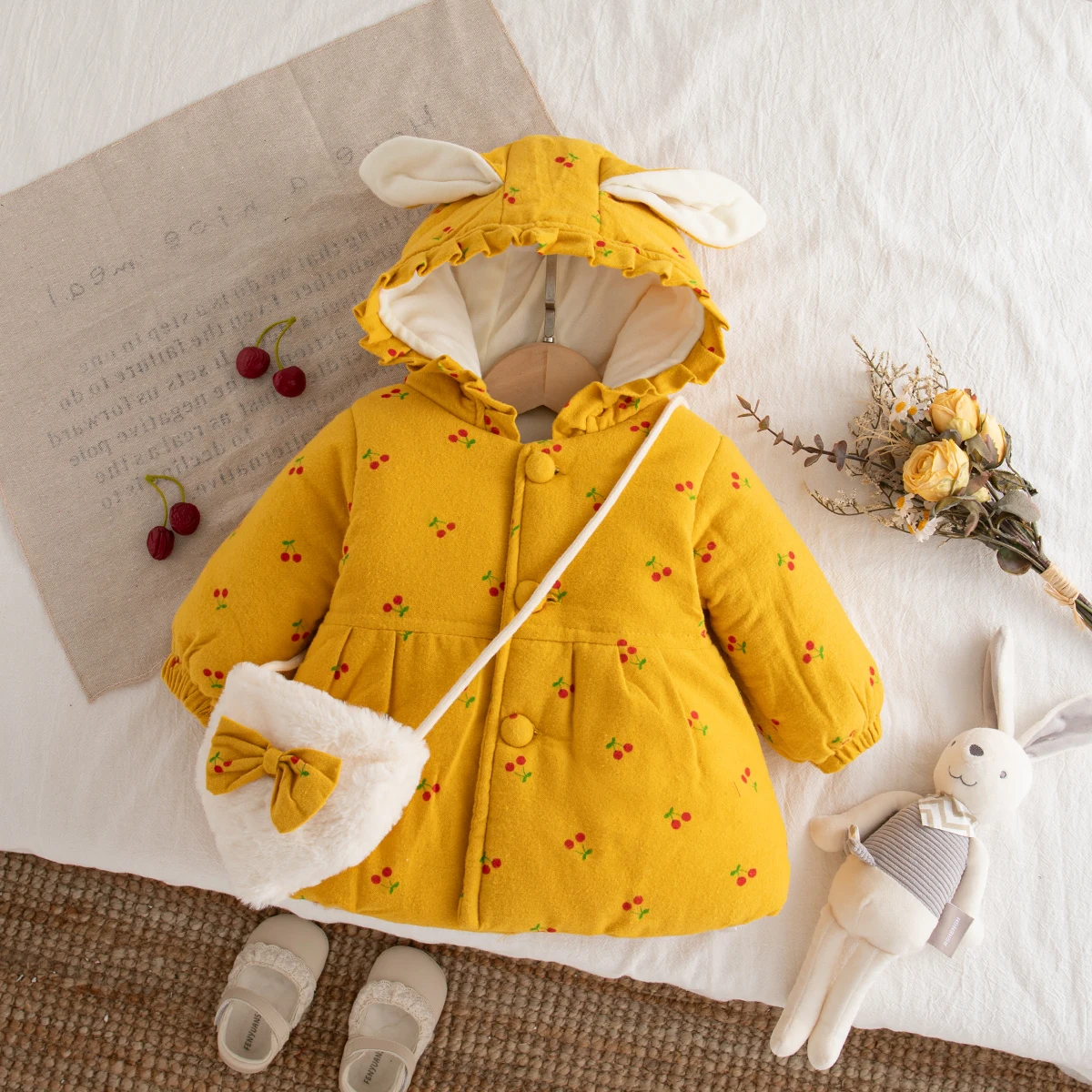 Winter Baby Girl Keep Warm Thicken Long Sleeved Rabbit Ears Coat Send A Bow Bag Korean Style Fashion Casual Cherry Hooded Tops